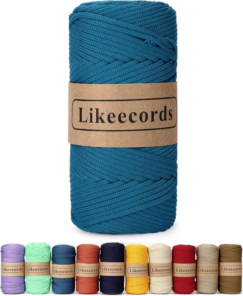 Likeecords حبل ماكرامي مضفر من البوليستر بقطر 4 مم بطول 140 ياردة / 426 قدم، خيط مرن للحياكة، حبل لحقائب الحرف اليدوية، حاملات النباتات، الحقائب، وزينة المنزل (أزرق طاووس) - Image 1